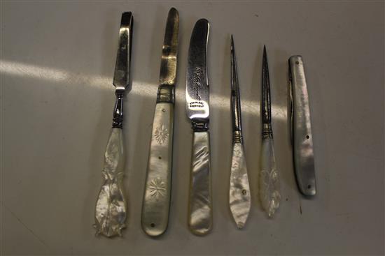 Silver and mother of pearl fruit knife and five other implements